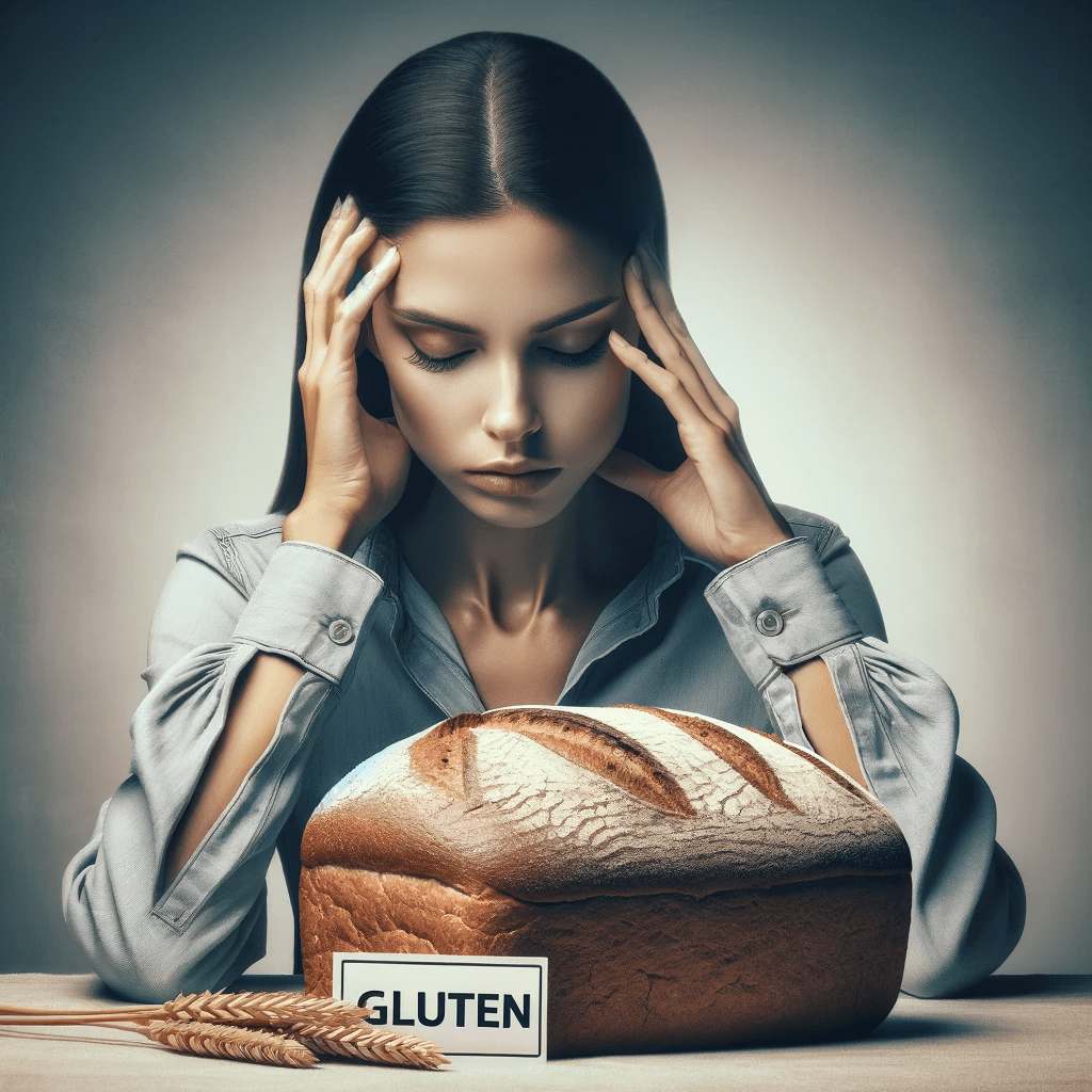 mulher jovem sofre de enxaqueca ao ingerir gluten.