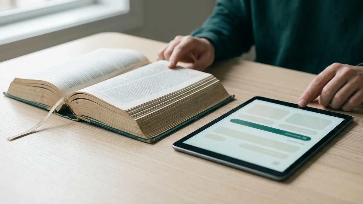Livro de referência encadernado, aberto sobre mesa clara, ao lado de um tablet com interface sem texto legível; duas mãos de suéter verde-escuro tocam os dois, comparando papel e ferramenta digital