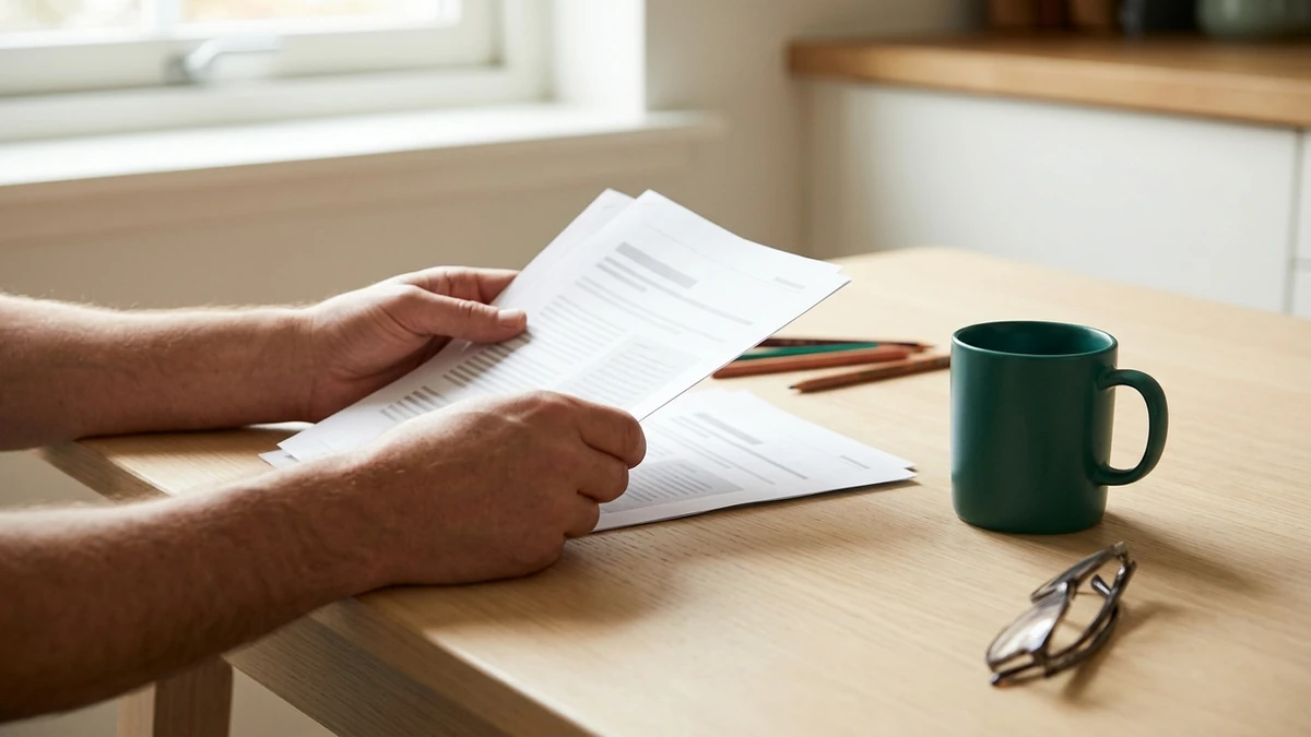 Mãos adultas folheando páginas impressas de um relatório sobre mesa de madeira clara, junto de uma caneca verde-escura, óculos de leitura e lápis de cor; o texto das folhas não é legível