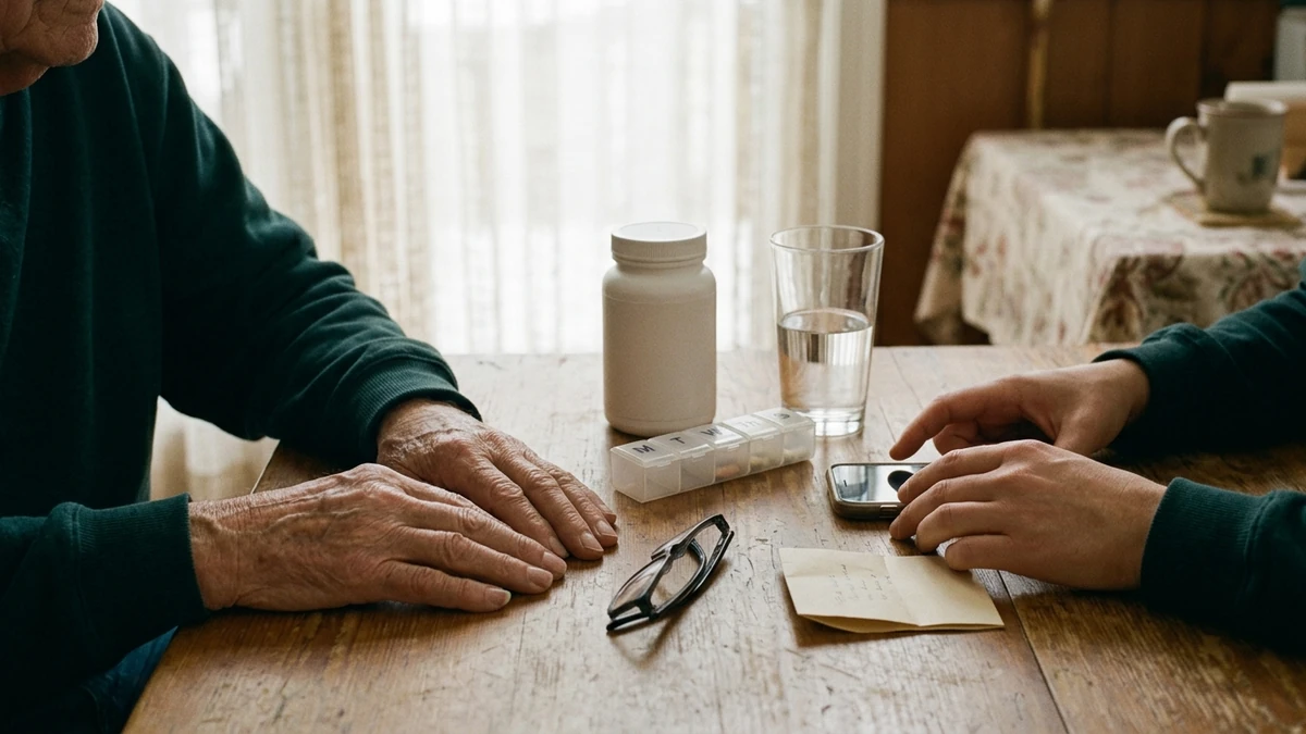 Mãos de uma pessoa idosa e de uma mais jovem apoiadas na mesma mesa de madeira, rostos fora do quadro; entre elas, um pote branco sem rótulo, copo de água, porta-comprimidos semanal, óculos e um bilhete.