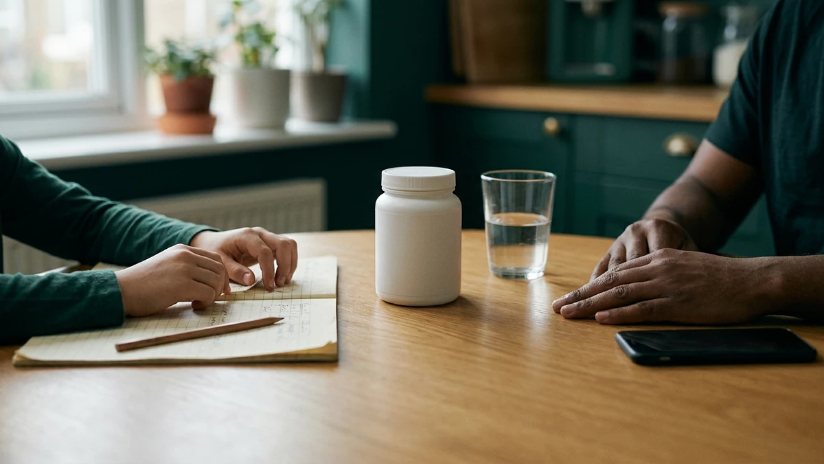 Mesa de cozinha vista de lado, duas pessoas sem rosto no quadro: mãos de criança sobre um caderno com o lápis largado, e mãos de adulto do outro lado; entre elas, pote branco sem rótulo e copo de água.