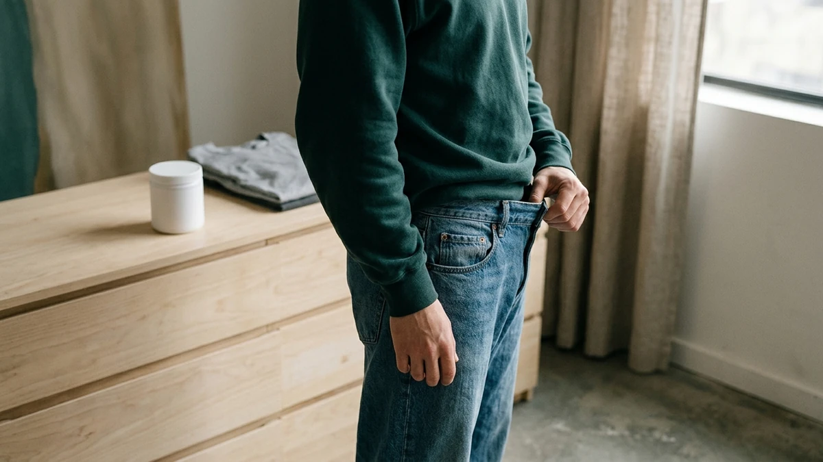 Pessoa de pé num quarto, enquadrada do colarinho até a metade da coxa, puxando o cós da calça jeans com uma das mãos; ao fundo, sobre uma cômoda de madeira, um pote branco de suplemento sem rótulo