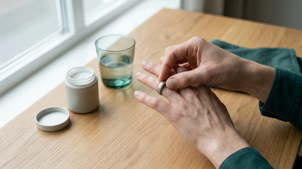 Duas mãos sobre uma mesa de madeira junto à janela, girando uma aliança no dedo anelar para ver se está apertada; ao lado, um pote branco sem rótulo aberto com pó branco, a tampa e um copo de água