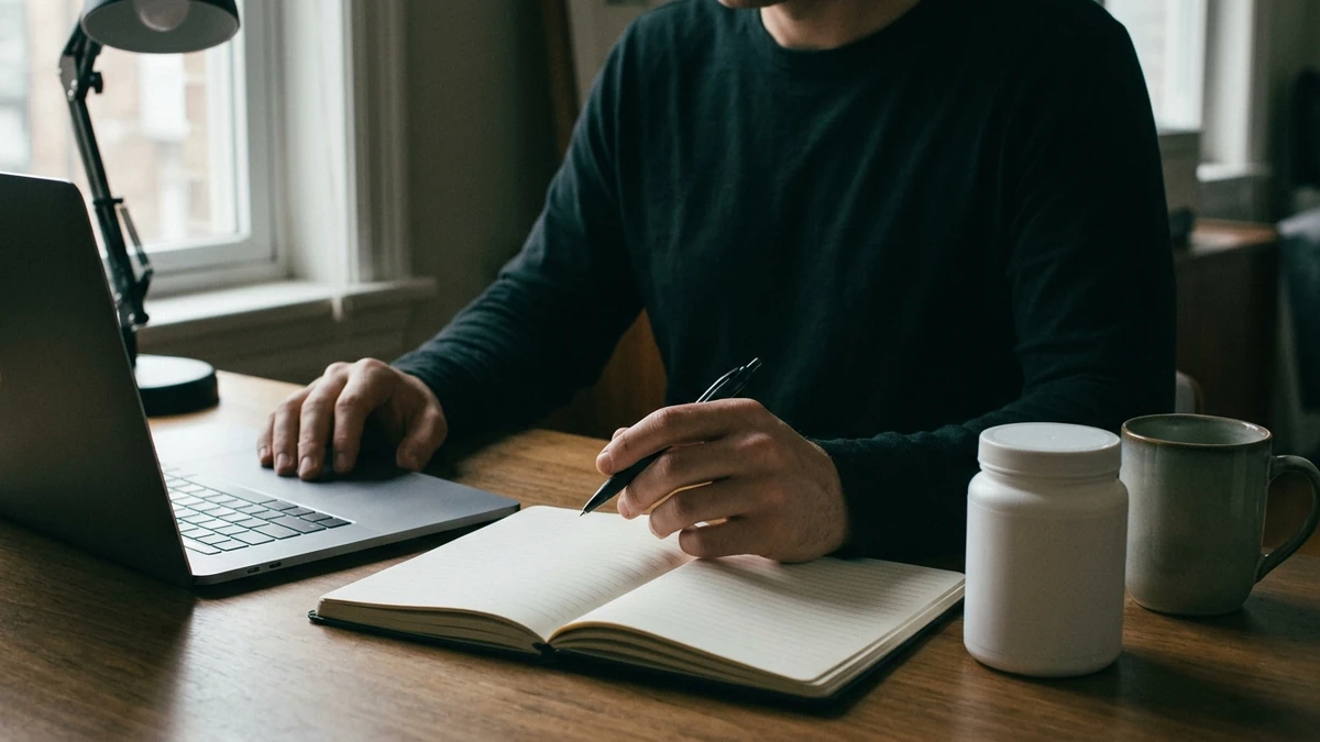 Pessoa à escrivaninha em luz baixa, do pescoço para baixo, uma mão no teclado do notebook e a outra com a caneta parada sobre um caderno aberto em branco; ao lado, pote branco sem rótulo e caneca.