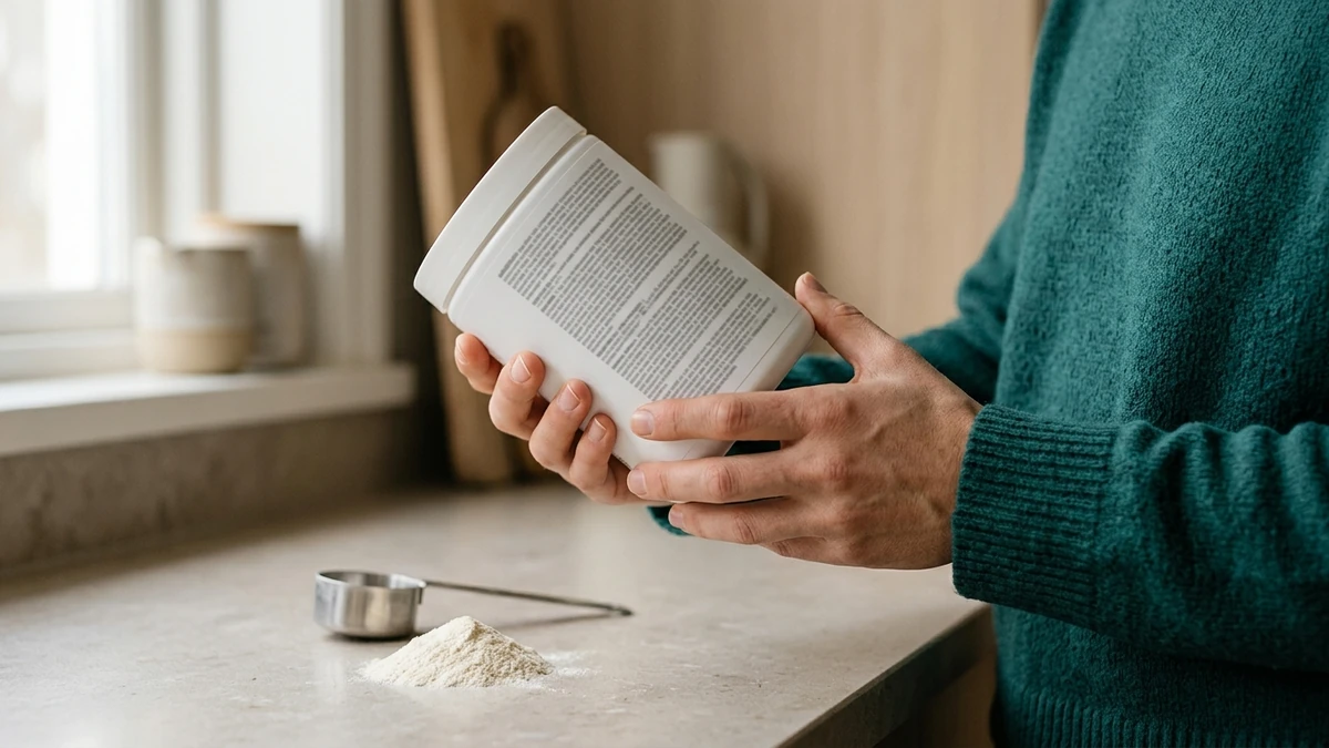 Mãos girando um pote branco de suplemento para ler o painel de informações na parte de trás, com dosador de inox e um pouco de pó branco sobre a bancada