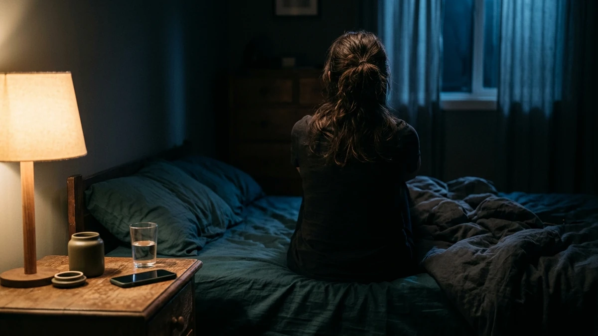 Quarto escuro à noite, com uma pessoa sentada de costas na beira da cama olhando para a janela; no criado-mudo, iluminados por um abajur, um pote pequeno sem rótulo, um copo de água e um celular virado para baixo
