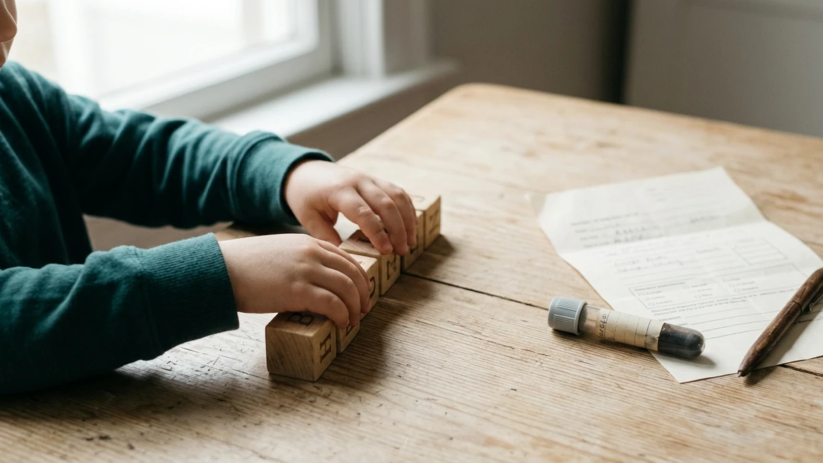 Mãos de criança de blusa verde enfileirando blocos de madeira com letras sobre uma mesa junto à janela; ao lado, um tubo de coleta de exame, um pedido de exame em papel e uma caneta