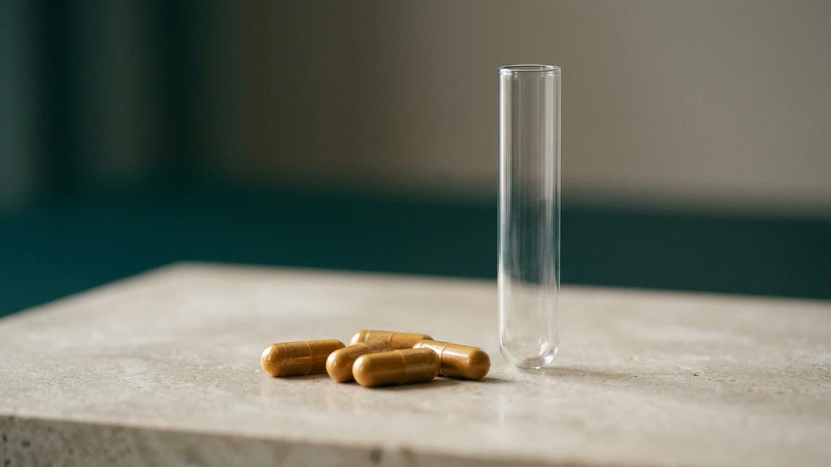 Cápsulas âmbar de magnésio ao lado de um tubo de coleta de sangue vazio sobre uma bancada clara, sugerindo que o exame de sangue pode parecer normal mesmo com a falta do mineral.