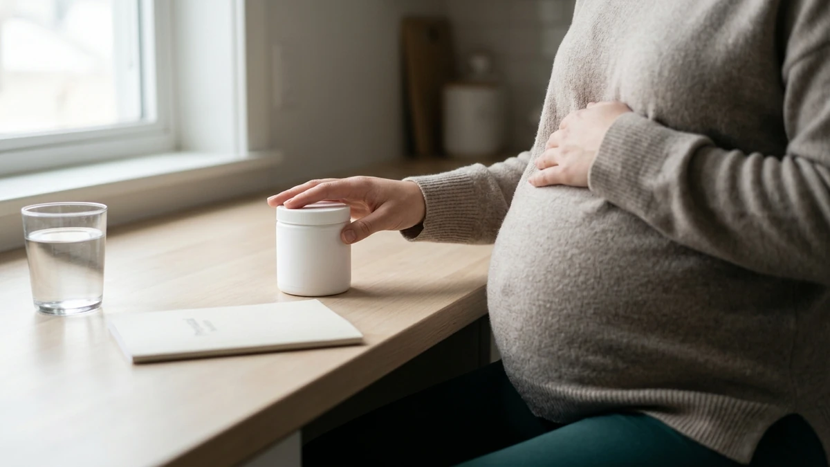 Pessoa grávida sentada a uma bancada de cozinha, enquadrada do pescoço para baixo, com uma das mãos sobre a barriga e a outra pousada na tampa de um pote branco de suplemento, fechado e sem rótulo
