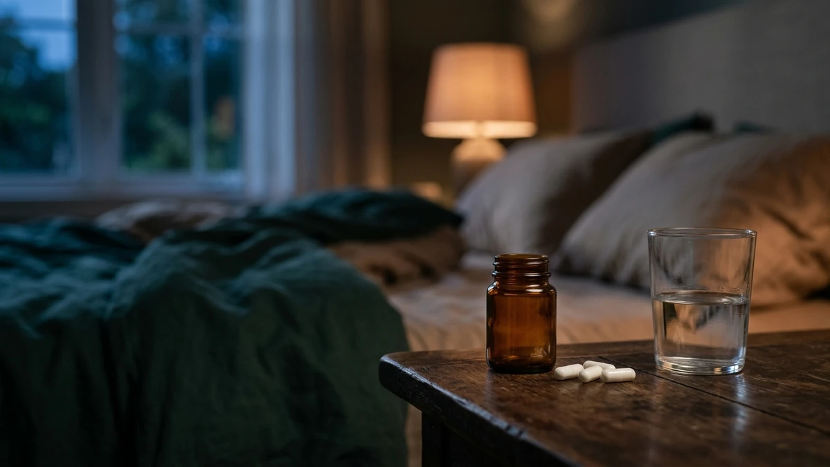 Pote de vidro âmbar sem rótulo com cápsulas brancas ao lado, sobre um criado-mudo de madeira com um copo de água, e uma cama ao fundo sob luz baixa de abajur