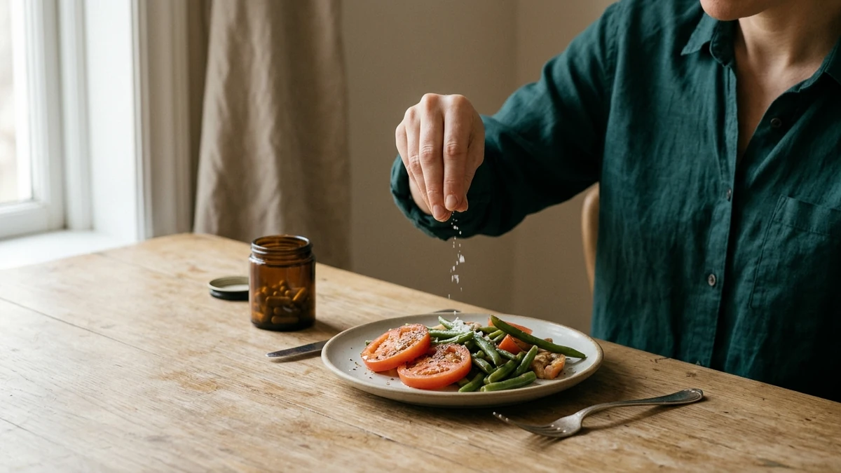 Mão salpicando sal sobre um prato de tomate e vagem na mesa da cozinha, com um pote âmbar de cápsulas aberto ao lado