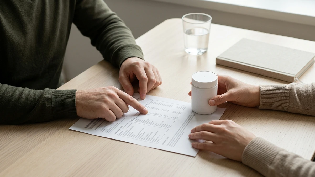 Duas pessoas à mesa de consultório, enquadradas do peito para baixo, uma apontando uma linha do resultado de exame impresso sobre a mesa enquanto a outra segura um pote branco de suplemento sem rótulo